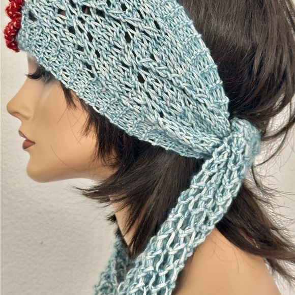 Hand Knits 2 Love Cotton Bandana Headband Scarf Lace Flower Beads Designer Sage - Picture 10 of 13